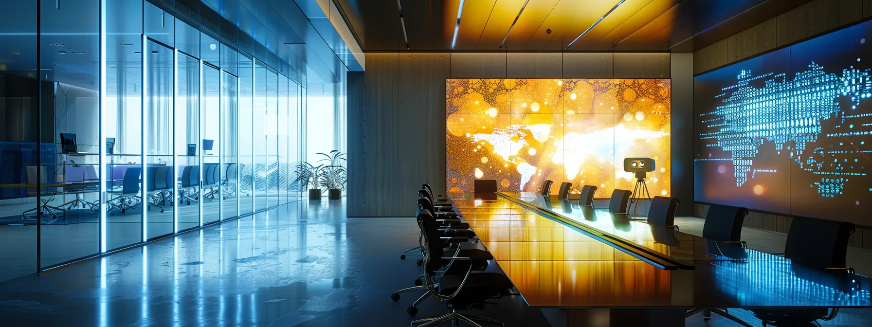 a dynamic, modern office environment featuring a sleek conference room illuminated by vibrant led screens, showcasing a collaborative team brainstorming session around a glass table draped with digital design mockups.