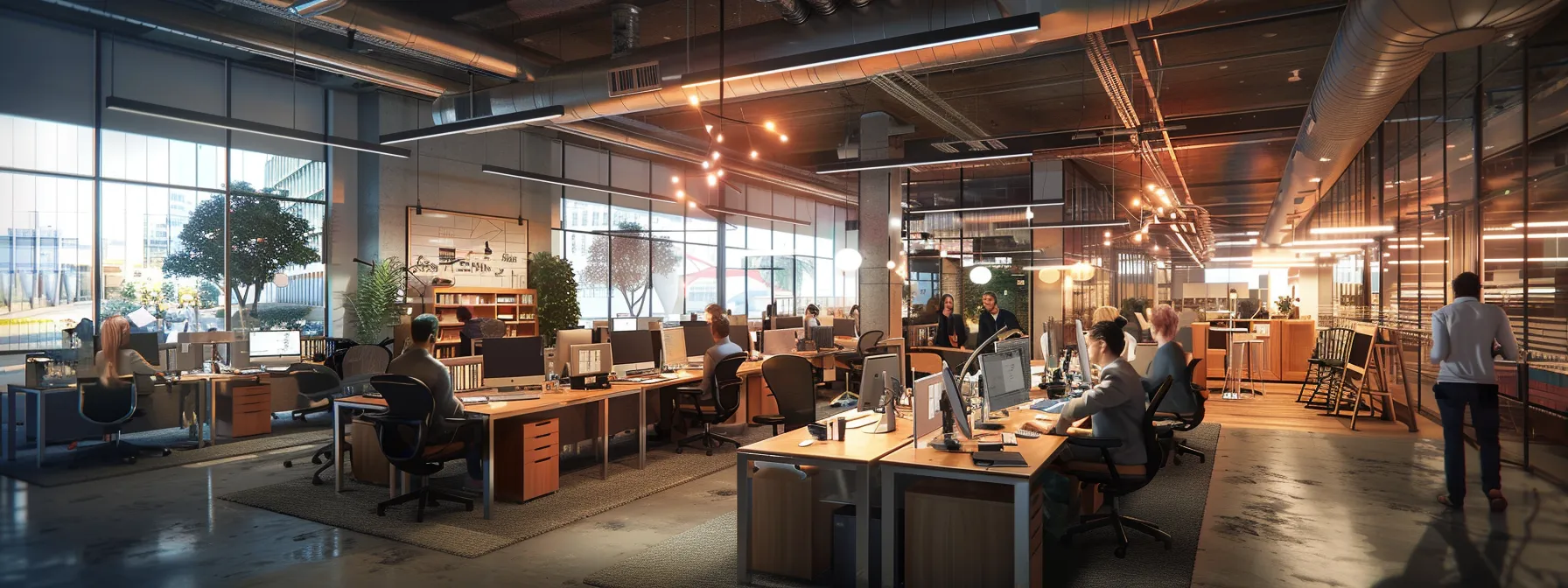 a dynamic office environment buzzes with energy as diverse professionals collaborate around sleek, modern workstations, illuminated by warm overhead lighting that accentuates their focused expressions and innovative ideas.
