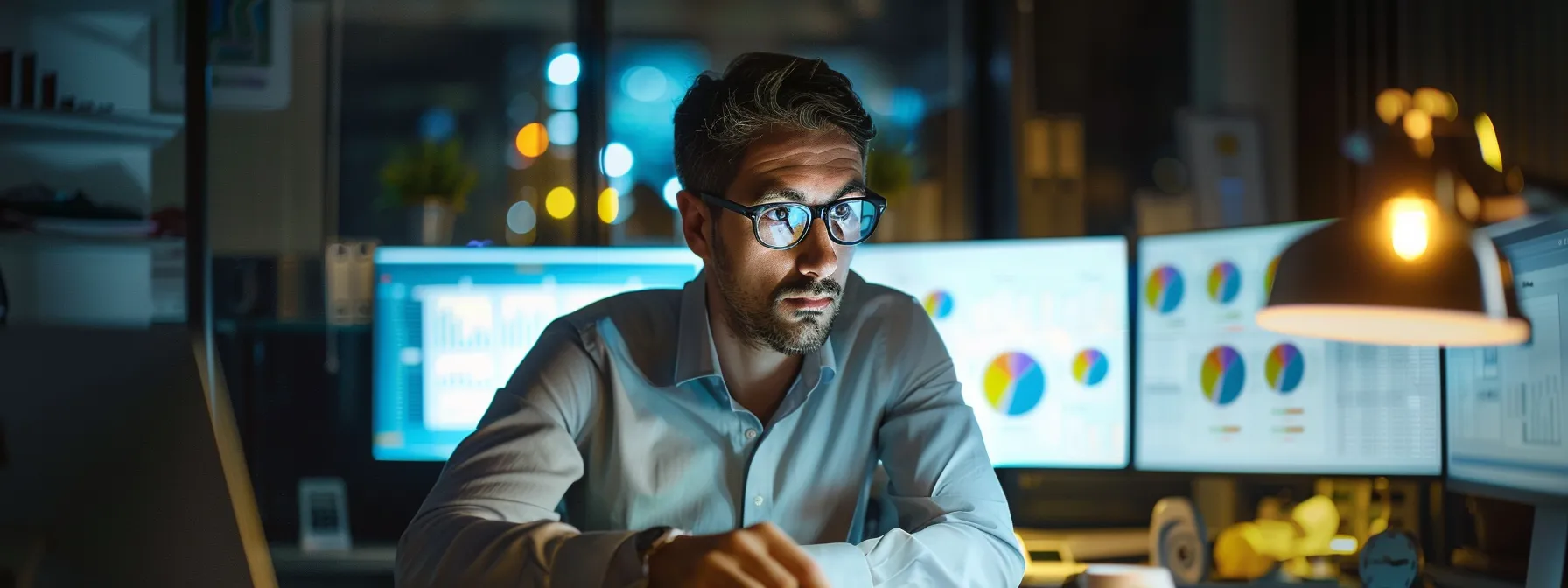 a dynamic office environment showcases a confident business professional analyzing data on multiple screens, illuminated by bright, clear lighting that emphasizes the precision and strategy of a successful msp business model.