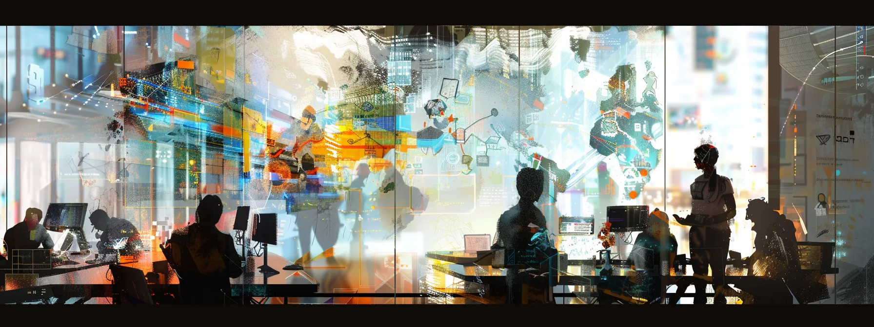 a dynamic office setting showcases a group of diverse professionals engaged in a lively brainstorming session, surrounded by modern technology and vibrant graphics on a whiteboard that spark creativity and collaboration.