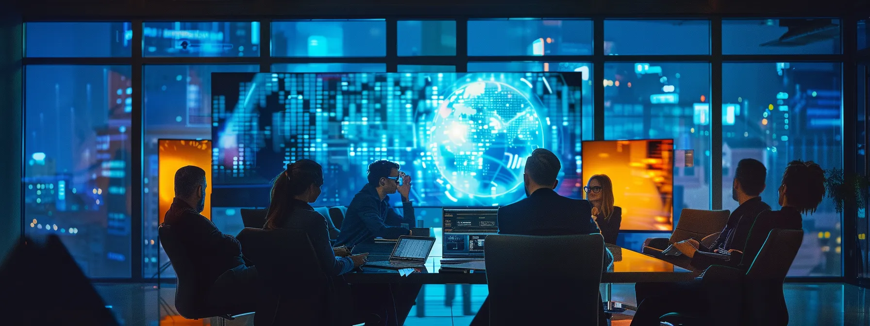 a dynamic office space filled with sleek, modern furniture and colorful digital displays, showcasing a team engaged in an animated brainstorming session under bright, artificial lighting.