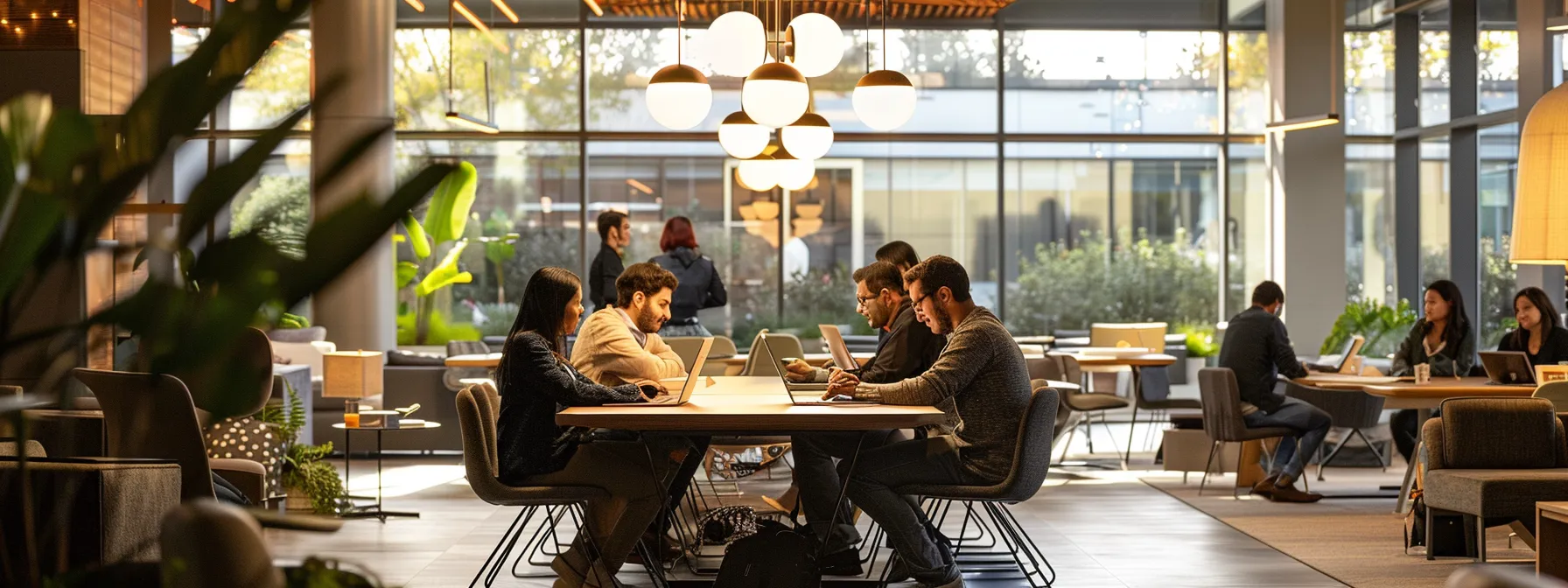 a dynamic office space showcases a diverse group of professionals engaged in a lively brainstorming session, illuminated by sleek overhead lighting and surrounded by modern furnishings that enhance creativity and collaboration.
