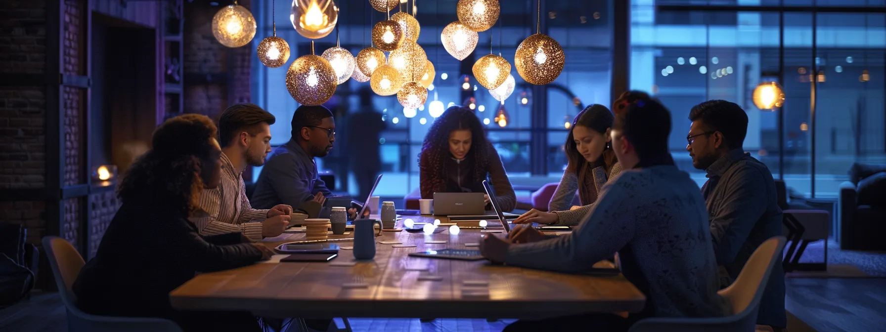 a dynamic urban office scene captures a diverse group of professionals collaborating around a sleek conference table, illuminated by modern pendant lights, embodying innovation and teamwork in a vibrant workspace.