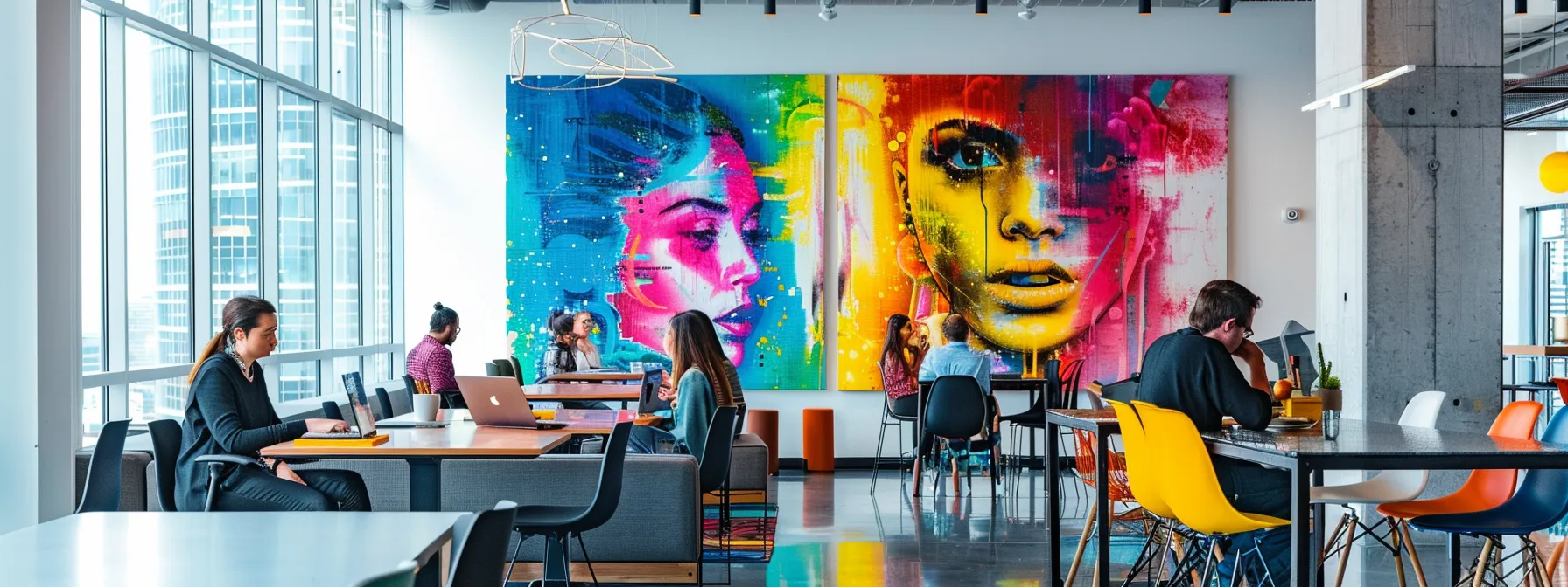 a dynamic urban office space buzzes with creativity, featuring sleek modern furniture and vibrant artwork adorning the walls, as professionals collaborate over digital devices in a lively brainstorming session.
