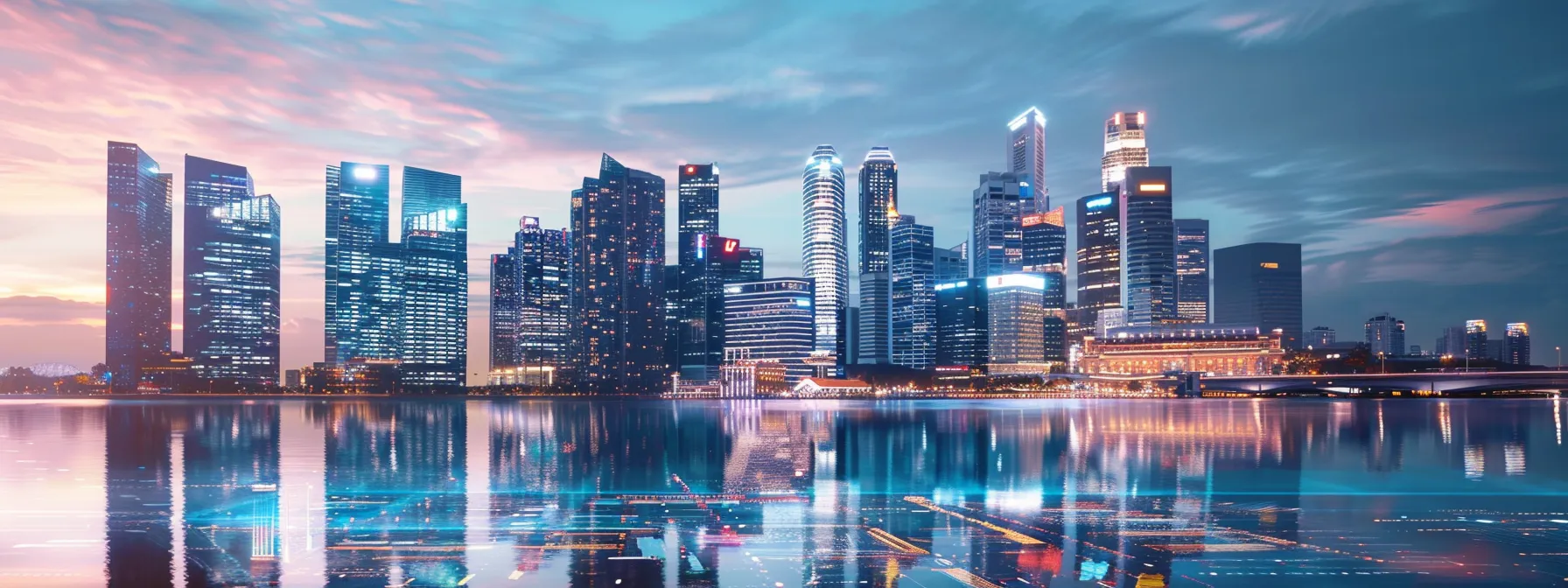 Mastering the Guide to Building an Enterprise API Strategy 12 a dynamic urban skyline at dusk, illuminated by vibrant digital displays symbolizing successful api integrations across financial, healthcare, retail, and logistics sectors, reflecting innovation and connectivity.