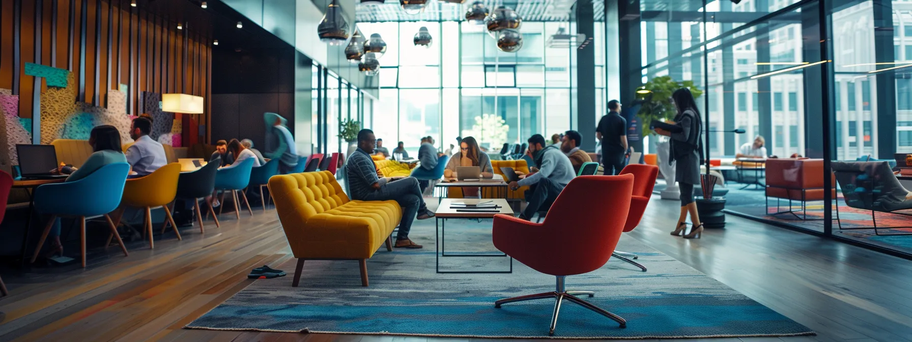 a dynamic urban workspace filled with sleek, modern furniture and vibrant, colorful artwork, showcasing a group of focused professionals collaborating intently around a high-tech conference table under bright, artificial lighting.