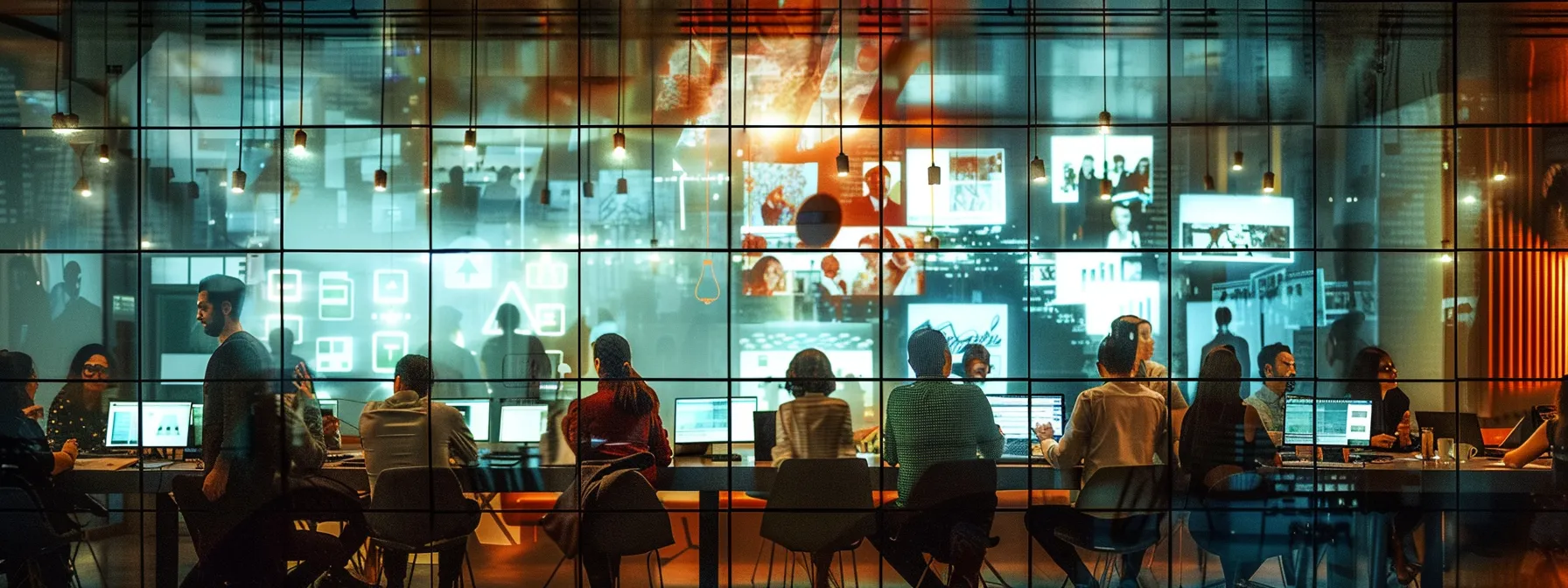 a dynamic urban workspace with sleek glass walls showcasing an array of diverse professionals engaged in a lively brainstorming session, illuminated by dramatic overhead lighting.