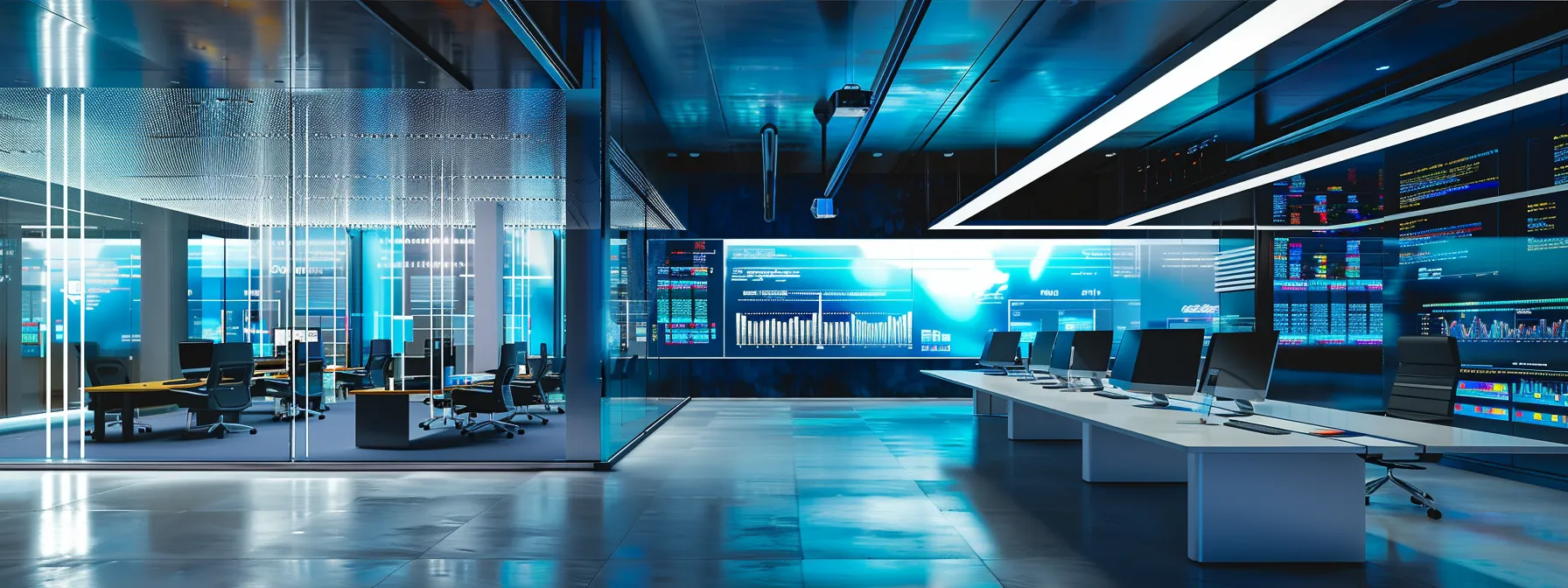 a futuristic office space features sleek, minimalist design elements, illuminated by dramatic overhead lighting, with large digital screens displaying data analytics in vibrant colors, creating a dynamic environment of innovation and technology.