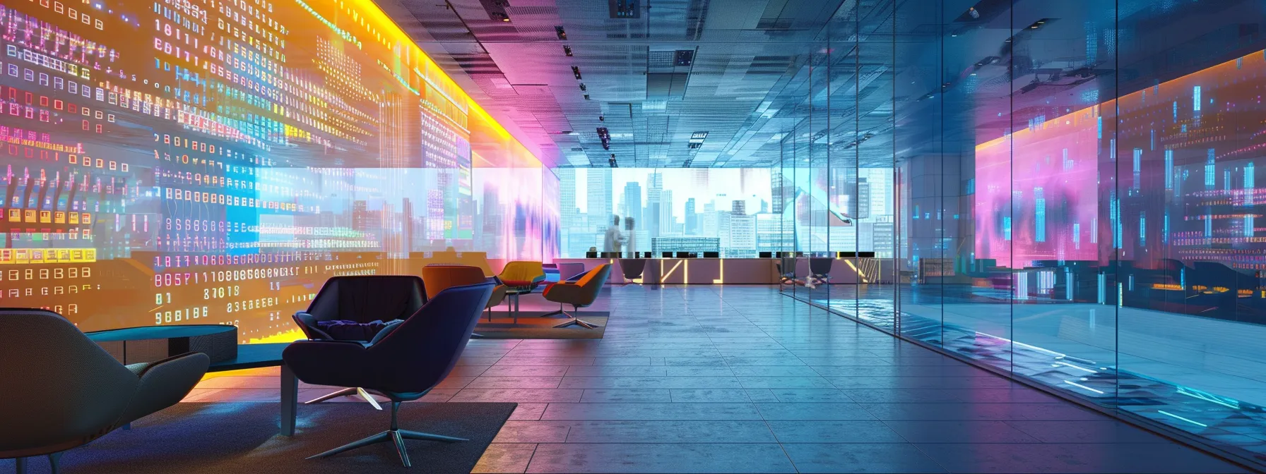 a futuristic urban workspace features sleek, modern furniture with vibrant digital displays illuminating the room, emphasizing a dynamic atmosphere of innovation and collaboration.