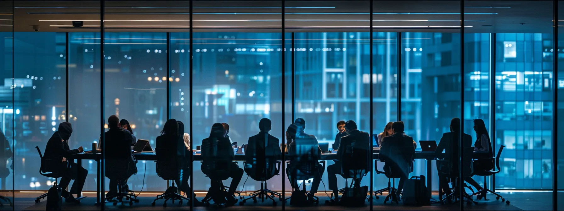 a modern office space features a sleek, glass-paneled conference room filled with dynamic silhouettes of professionals engaged in an intense brainstorming session, illuminated by sharp artificial lighting that emphasizes their focused expressions.