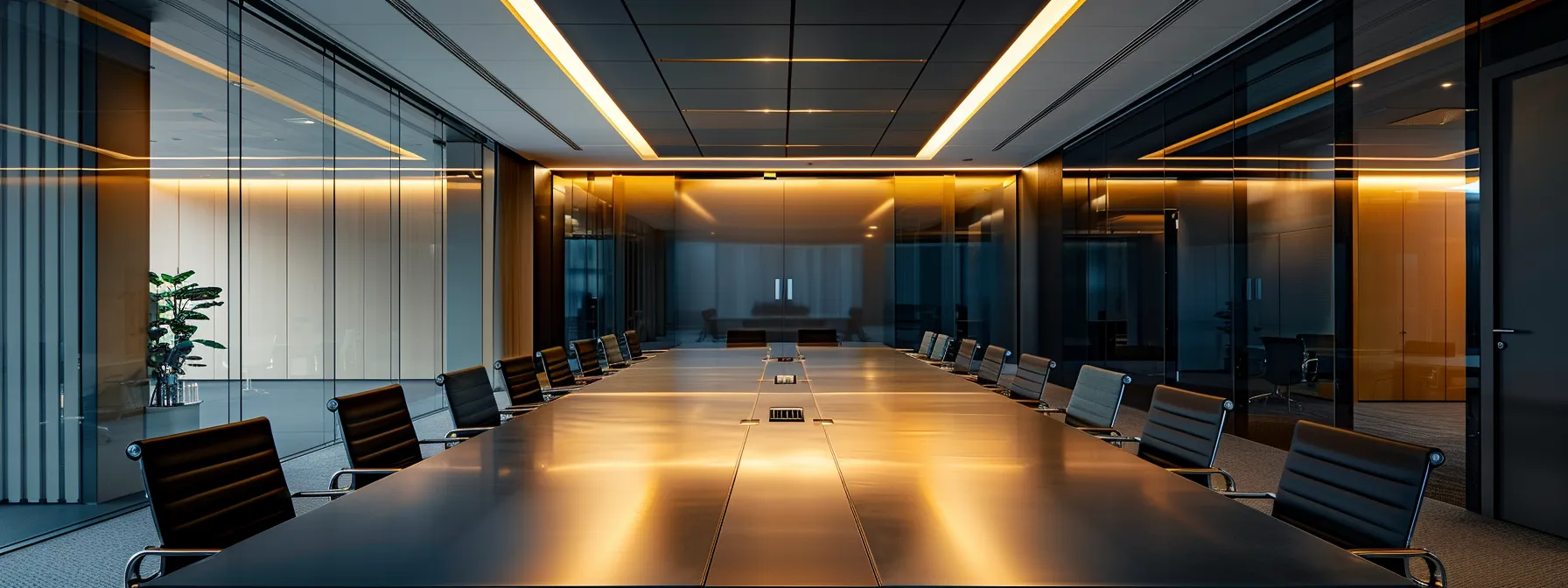 a modern office space showcases a sleek conference room, dominated by a long, polished table, surrounded by stylish ergonomic chairs, and illuminated by sharp, overhead led lights casting a professional ambiance for a high-stakes meeting.