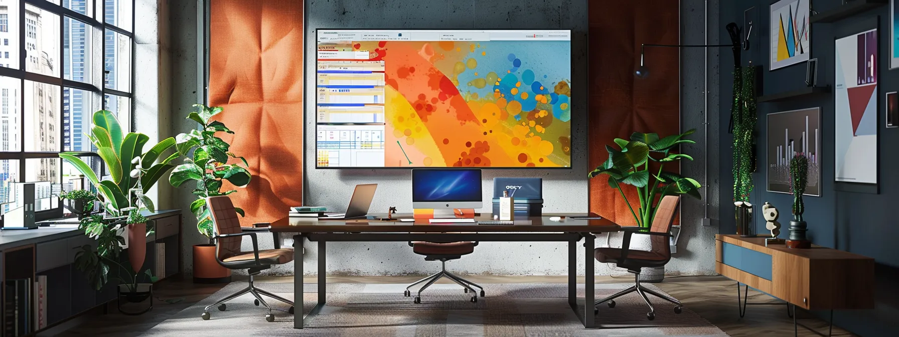 a modern office workspace features a sleek, minimalist desk adorned with advanced technology and dynamic brainstorming visuals on a digital screen, surrounded by vibrant, creative decor that inspires innovation.