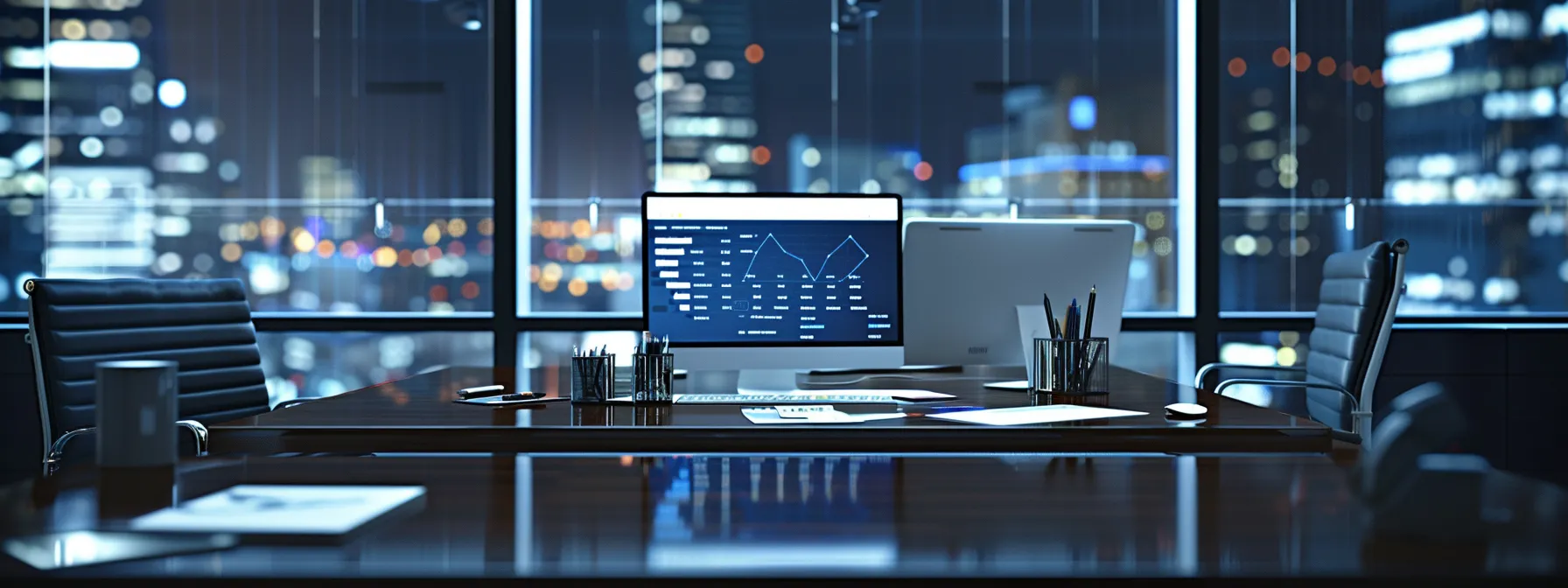 a sleek, dimly lit office space featuring a modern desk equipped with advanced technology, illuminated by the soft glow of a futuristic digital interface displaying data analytics in vibrant colors.