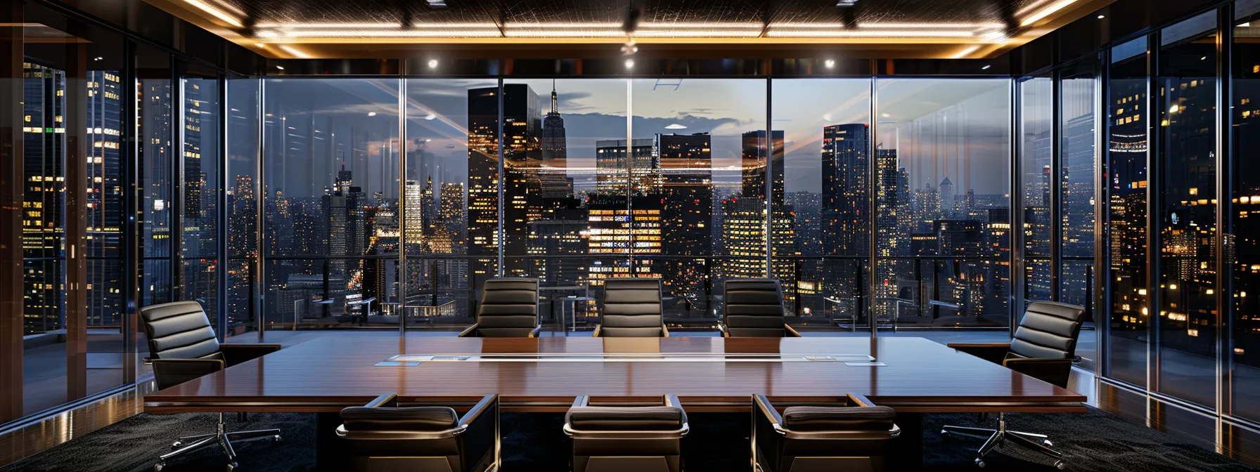 a sleek, modern boardroom with a polished wooden table, surrounded by high-backed chairs, illuminated by sharp overhead lighting, showcasing an expansive cityscape through floor-to-ceiling windows.