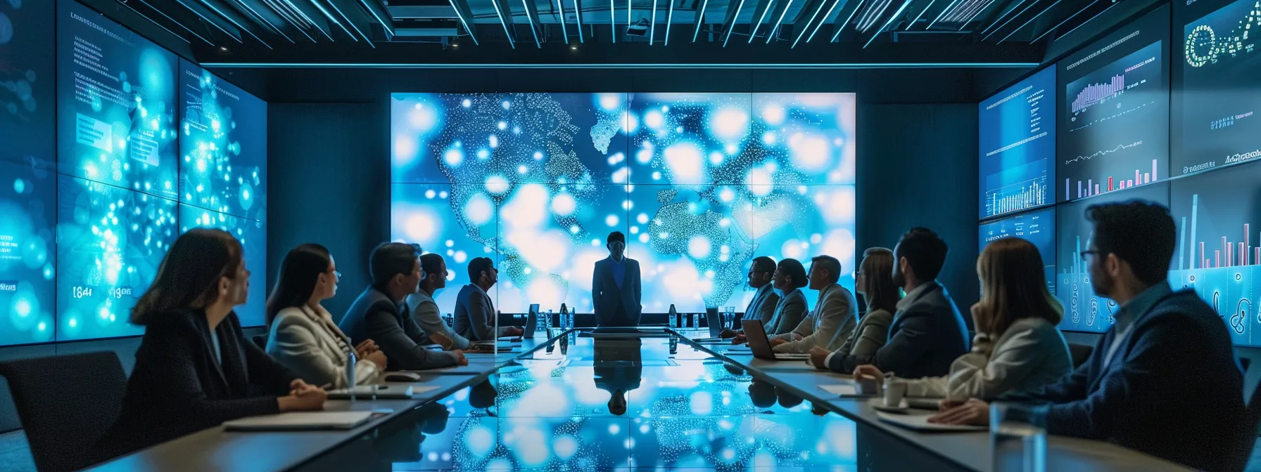 a sleek modern conference room filled with diverse professionals, engaged in a dynamic brainstorming session around a large glass table, accentuated by vibrant digital screens displaying innovative ideas.
