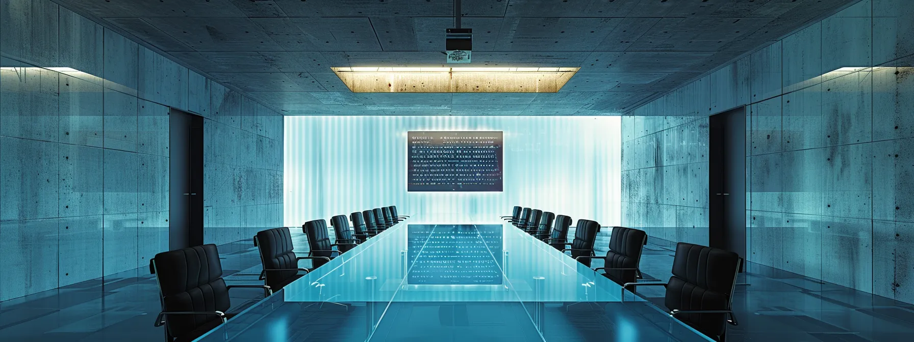 a sleek, modern conference room featuring a large glass table surrounded by ergonomic chairs, illuminated by dramatic overhead lighting that highlights a digital screen displaying innovative business strategies.
