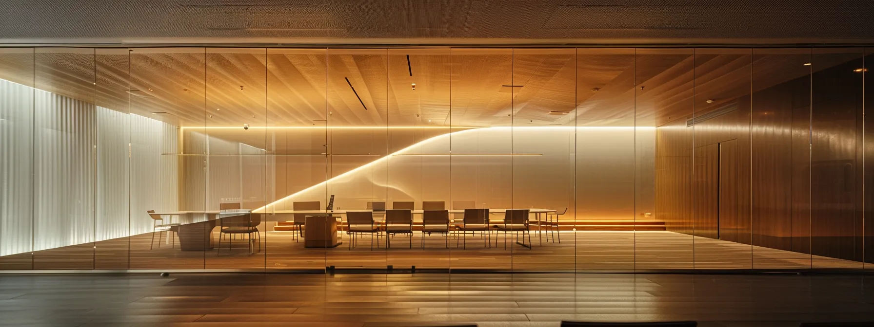 a sleek, modern conference room filled with professionals engaged in a dynamic brainstorming session, illuminated by sharp overhead lighting reflecting off glass walls.