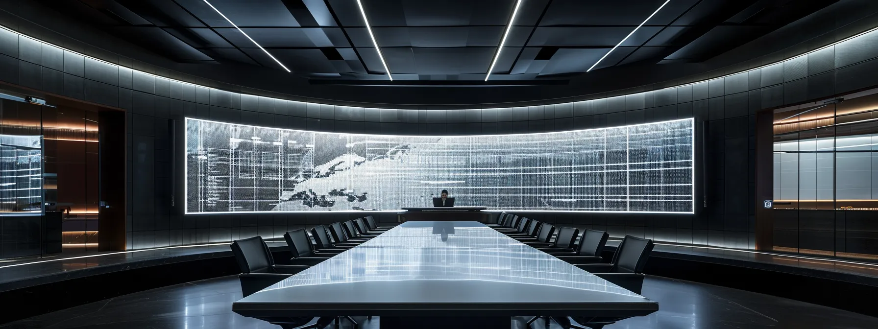 What Is Ballerina Language? Overview of Its Advantages 11 a sleek, modern conference room with a glossy table and high-backed chairs, illuminated by dramatic overhead lighting, showcasing a large digital screen displaying innovative data analytics.