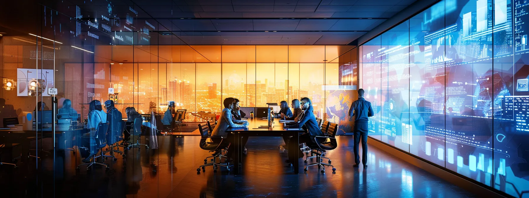 a sleek, modern office bathed in warm artificial light showcases a diverse group of professionals engaged in a dynamic brainstorming session, surrounded by high-tech equipment and vibrant visual presentations on digital screens.