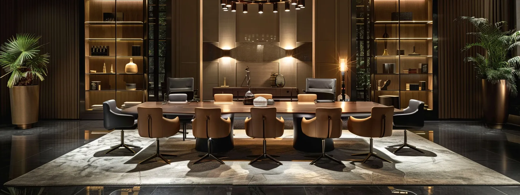 a sleek, modern office bathed in warm ambient lighting showcases a polished conference table surrounded by contemporary chairs, conveying an atmosphere of collaboration and innovation.