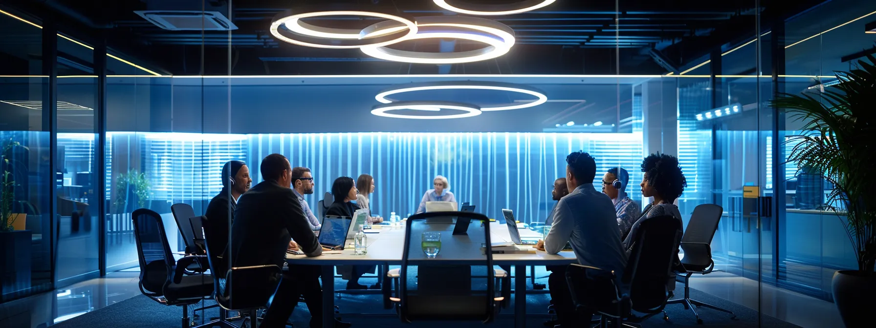 a sleek modern office bustling with diverse professionals engaged in dynamic discussions around a high-tech conference table, illuminated by crisp overhead lighting that enhances the vibrant atmosphere of collaboration and innovation.