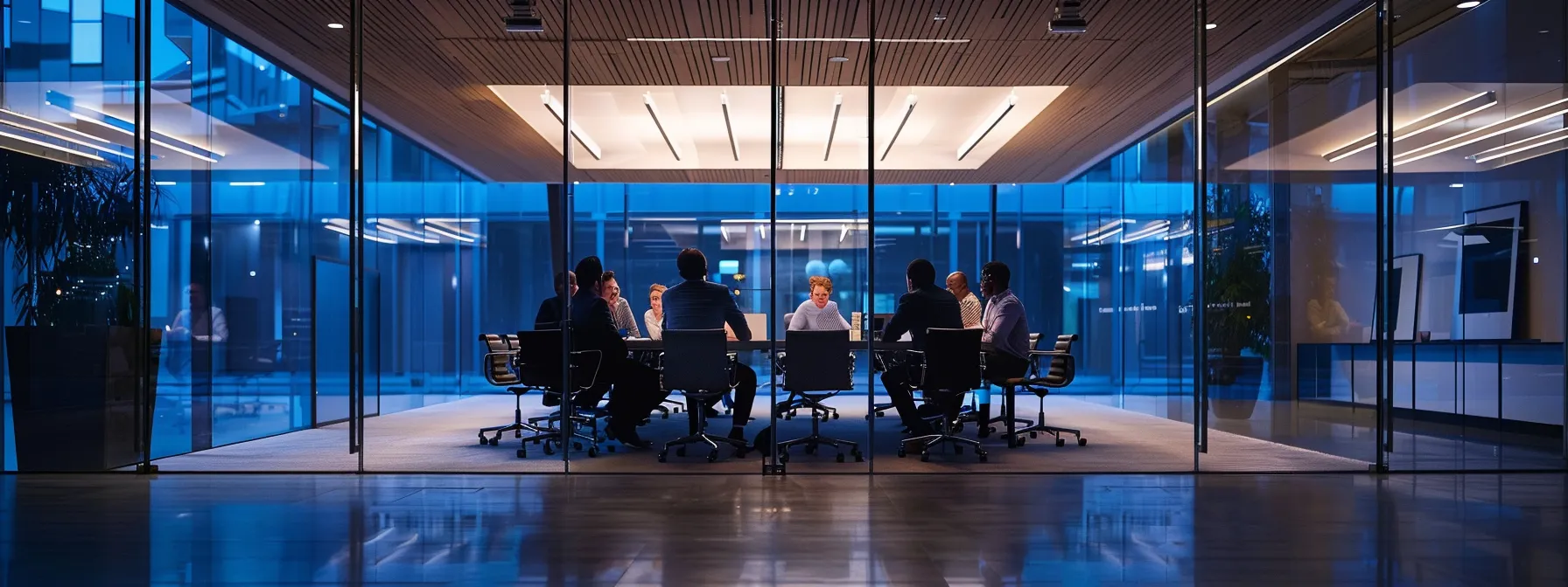 a sleek, modern office conference room filled with diverse business professionals engaged in animated discussion around a polished table, illuminated by sophisticated overhead lighting that accentuates their dynamic exchange.