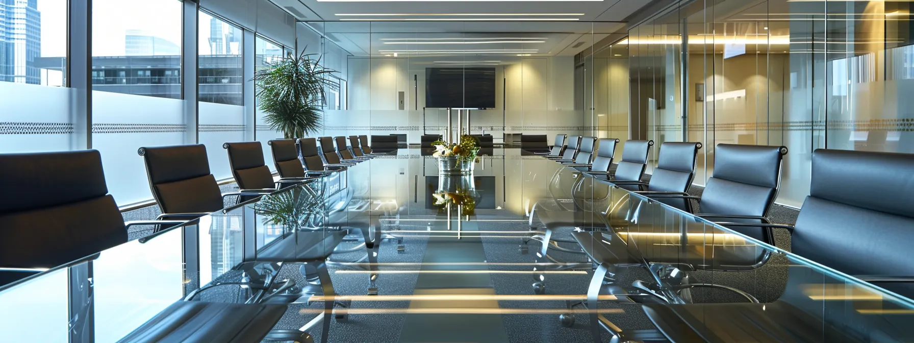 a sleek, modern office conference room features a polished glass table surrounded by stylish ergonomic chairs, illuminated by dramatic overhead lighting, conveying a sense of professionalism and collaboration.