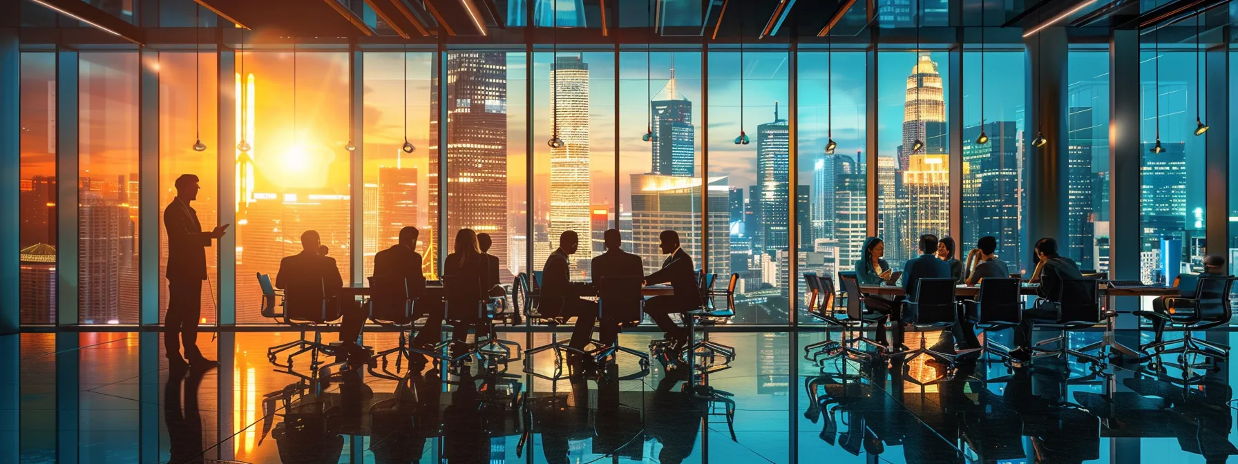 a sleek, modern office environment showcases a diverse group of professionals in dynamic discussion around a high-tech conference table, illuminated by bright overhead lighting and large windows revealing a bustling city skyline.