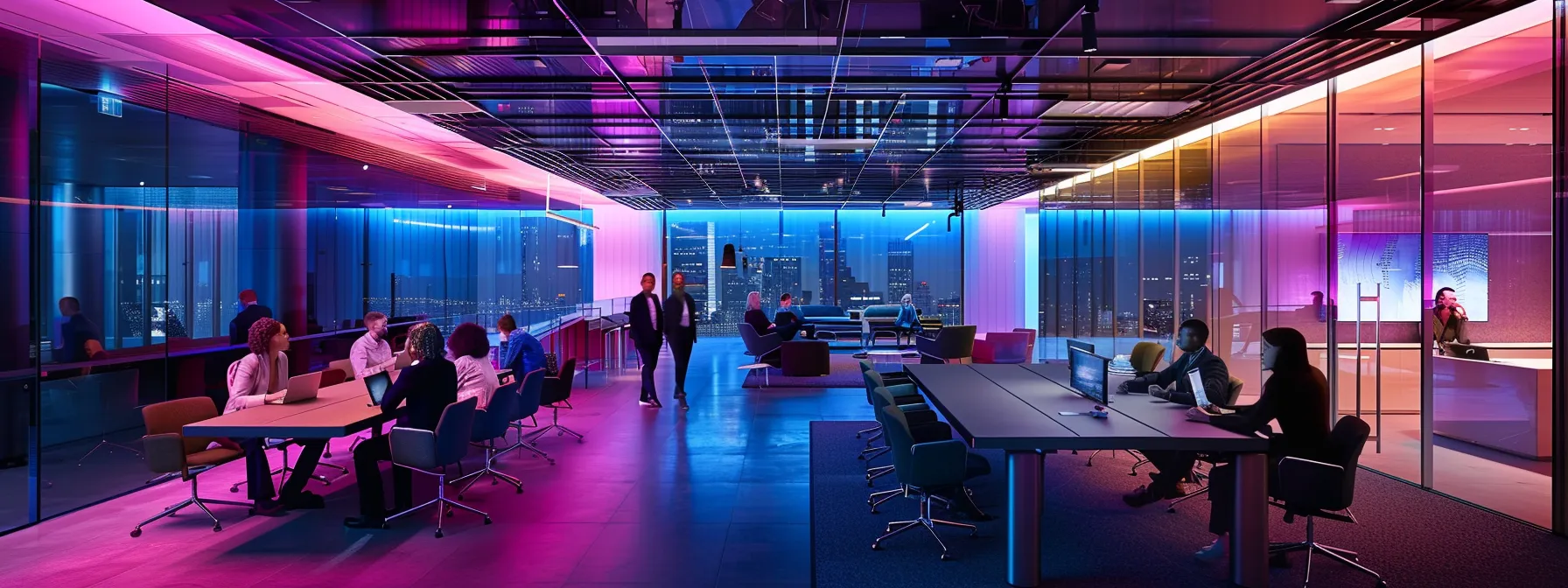 a sleek, modern office environment buzzes with activity, showcasing a diverse group of professionals engaging in a dynamic brainstorming session around a polished conference table, illuminated by stark fluorescent lighting.