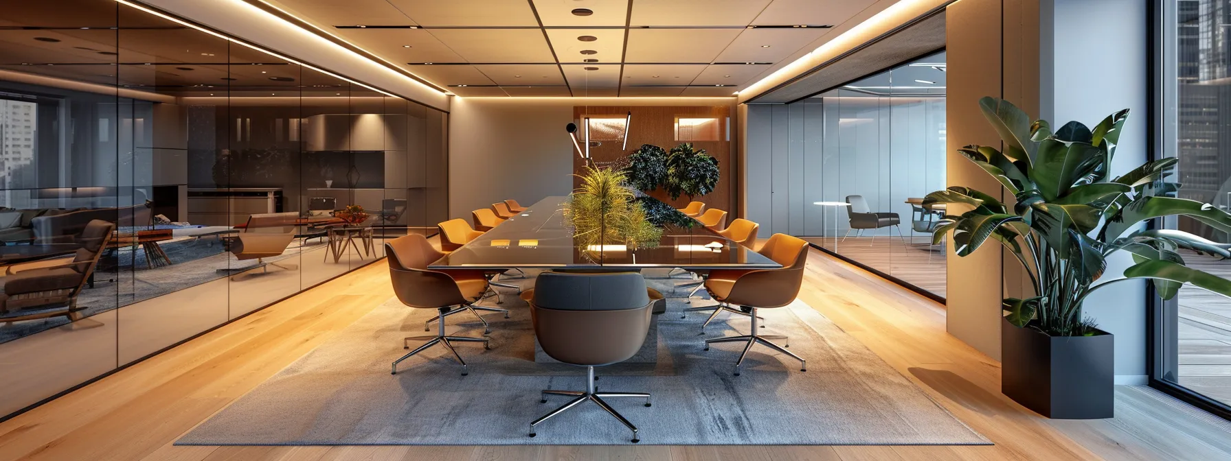 a sleek, modern office environment featuring a large glass conference table with high-backed chairs, illuminated by warm ambient lighting, reflecting the dynamic collaboration and innovation of a bustling tech startup.