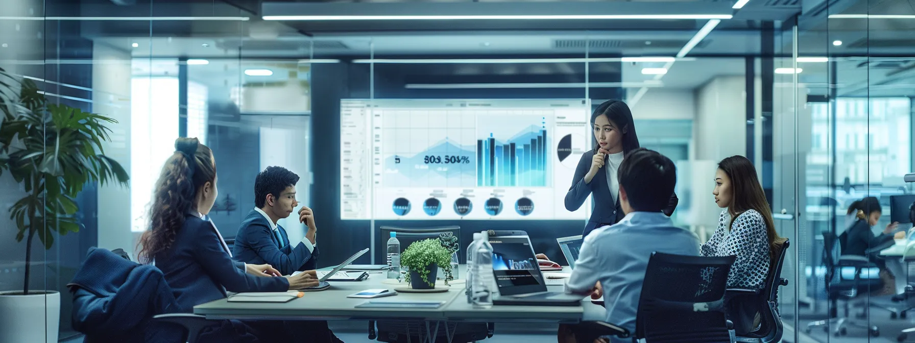 a sleek, modern office environment showcases a diverse team collaborating around a digital dashboard, illuminated by soft, natural light, emphasizing the theme of efficient operations and seamless service delivery.