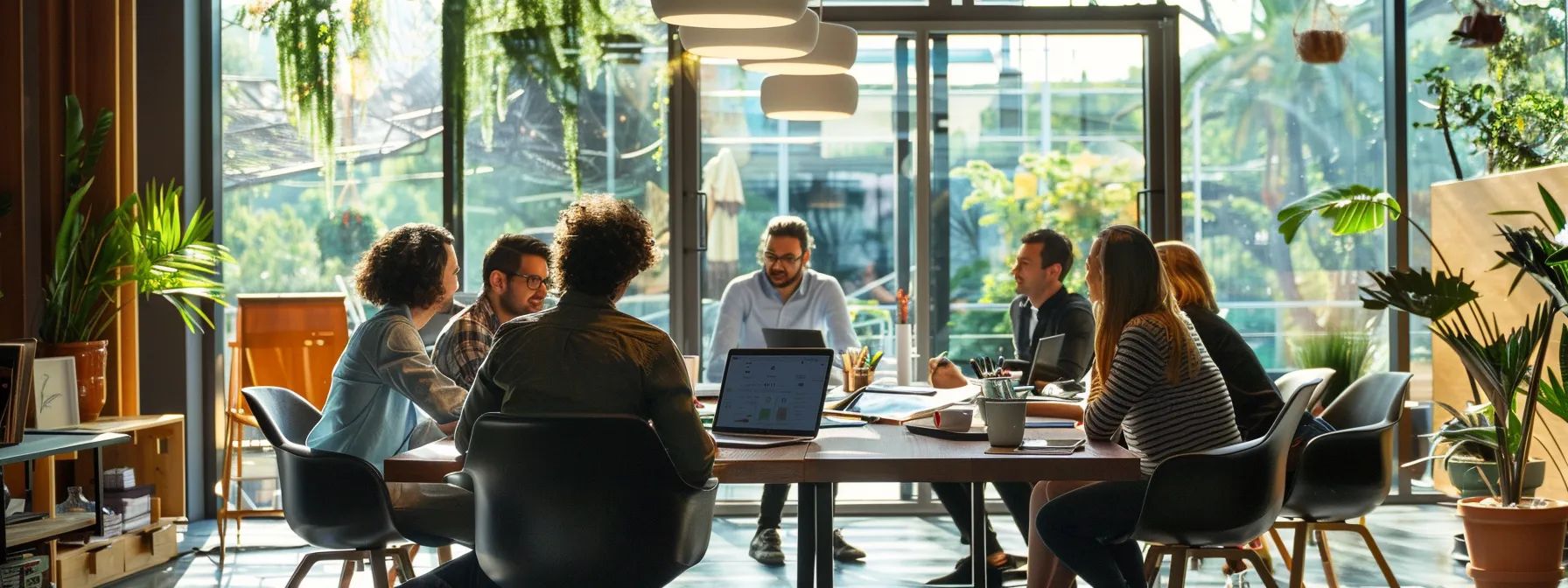 a sleek, modern office environment showcases a diverse team engaged in a dynamic brainstorming session around a glossy conference table, illuminated by bright overhead lighting that enhances the sense of collaboration and innovation.