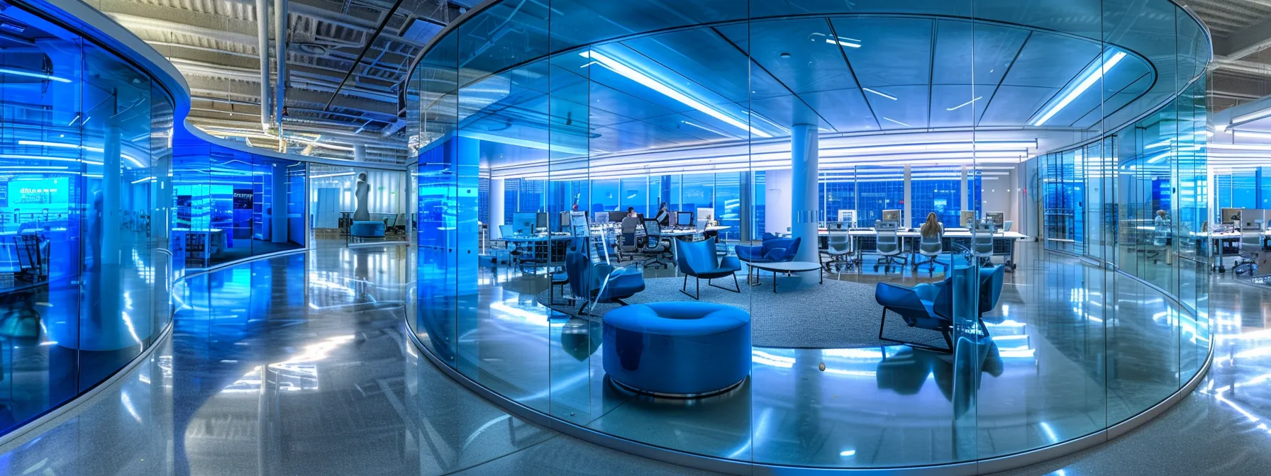 What Is Ballerina Language? Overview of Its Advantages 13 a sleek, modern office filled with vibrant blue and silver tones, showcasing a dynamic team engaged in an animated brainstorming session around a contemporary glass table.