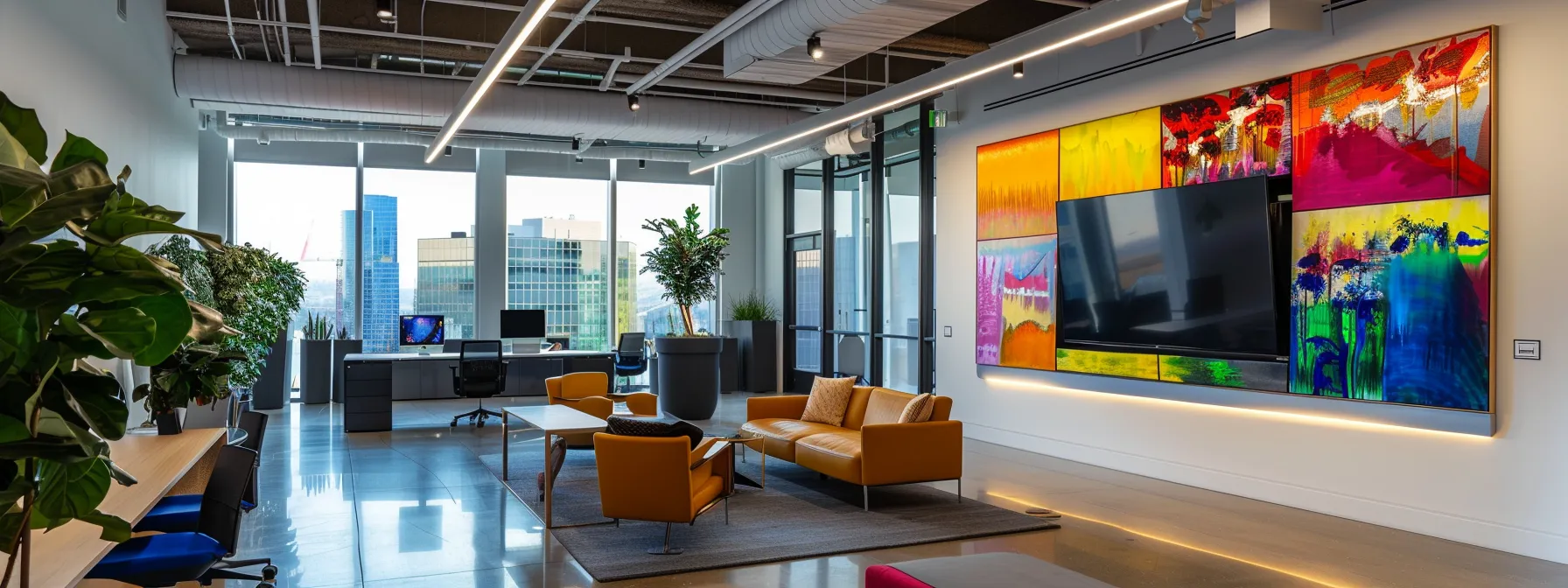 a sleek, modern office filled with vibrant abstract art and high-tech gadgets, illuminated by dynamic led lighting that highlights the innovative atmosphere of collaboration and creativity.