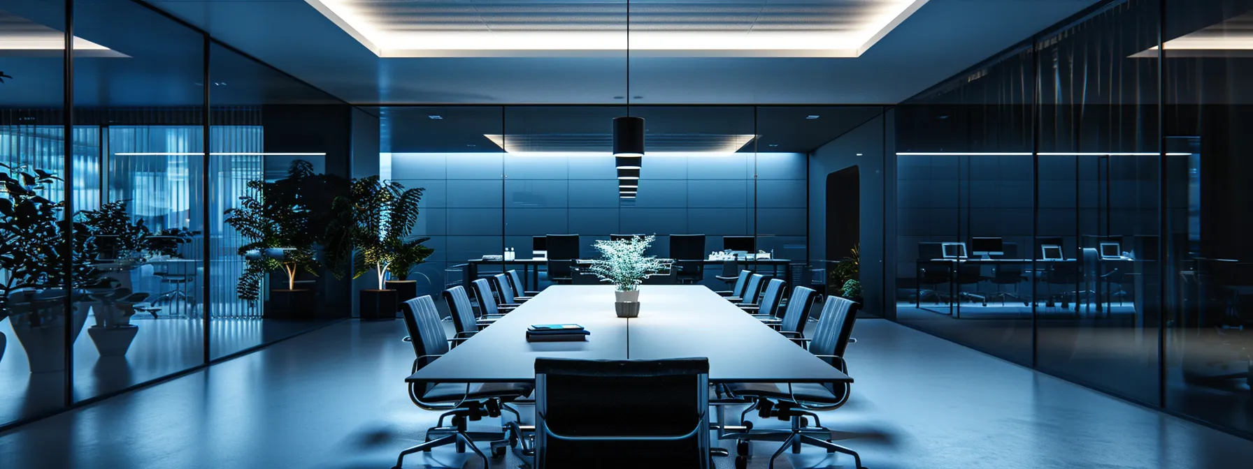 a sleek, modern office filled with sophisticated technology showcases a high-stakes business meeting in progress, illuminated by dramatic overhead lighting that highlights the intense expressions of the participants around a polished conference table.