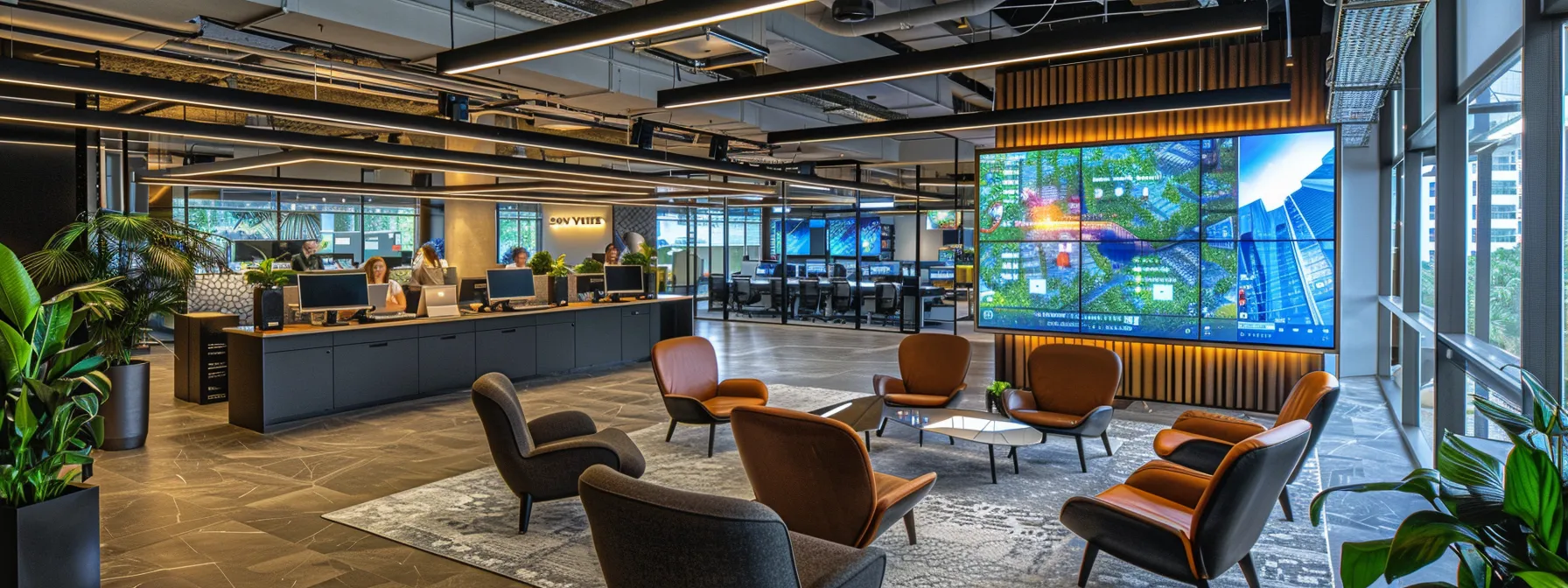 a sleek, modern office filled with sophisticated technology and collaborative workspace, featuring vibrant digital displays and diverse professionals engaged in dynamic discussions.