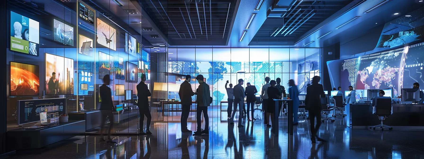 a sleek, modern office filled with vibrant digital displays and diverse professionals engaged in animated discussions, surrounded by high-tech gadgets and collaborative workspaces.