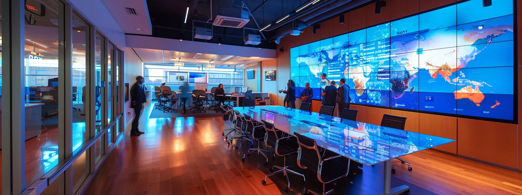 a sleek, modern office filled with high-tech gadgets, showcasing a dynamic team engaged in a strategic brainstorming session around a glossy conference table under bright, focused lighting.