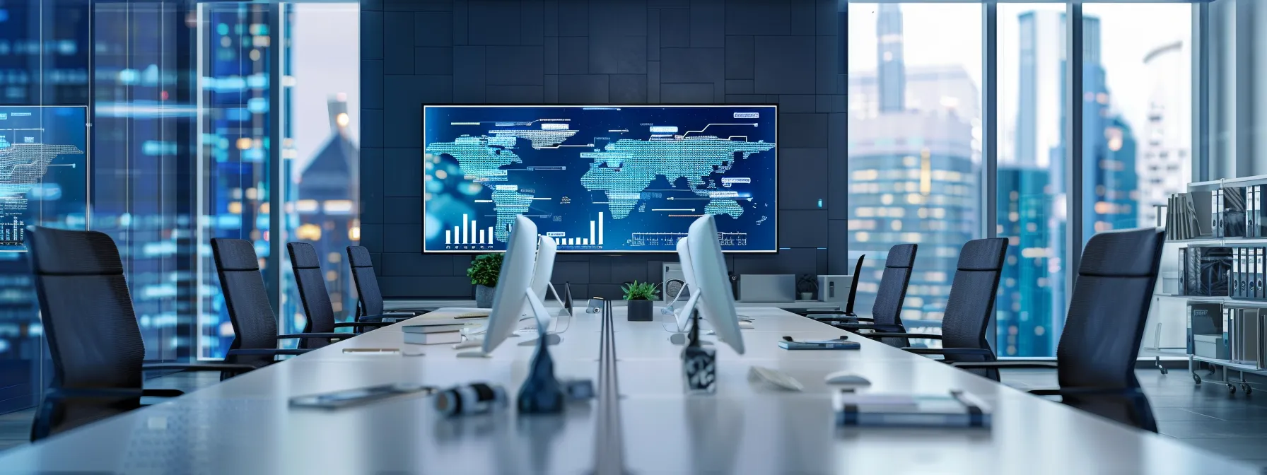 a sleek, modern office filled with high-tech gadgets and dynamic screens displaying vibrant data analytics creates a forward-thinking atmosphere of innovation and productivity.