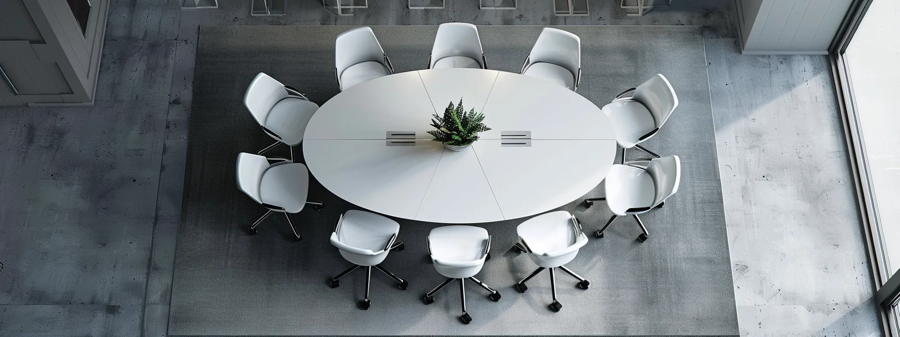 a sleek, modern office interior features a central round table surrounded by crisp white chairs, illuminated by dramatic overhead lighting, emphasizing an atmosphere of innovative collaboration and professionalism.