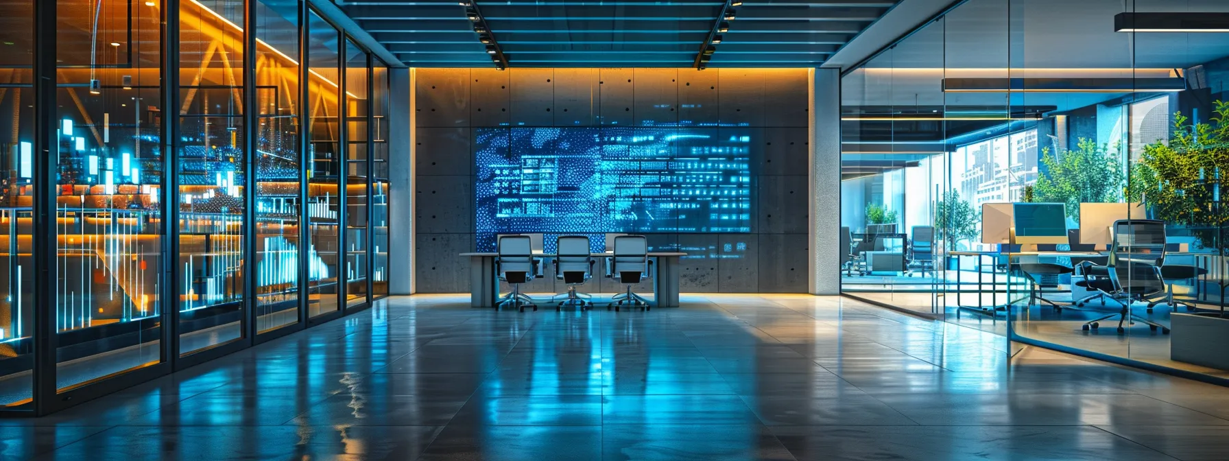 Secure Your Data With BitLocker Explained 12 a sleek, modern office interior features a vibrant digital screen displaying a dynamic data visualization, illuminated by sharp, overhead lighting that accentuates the contemporary design and professional atmosphere.