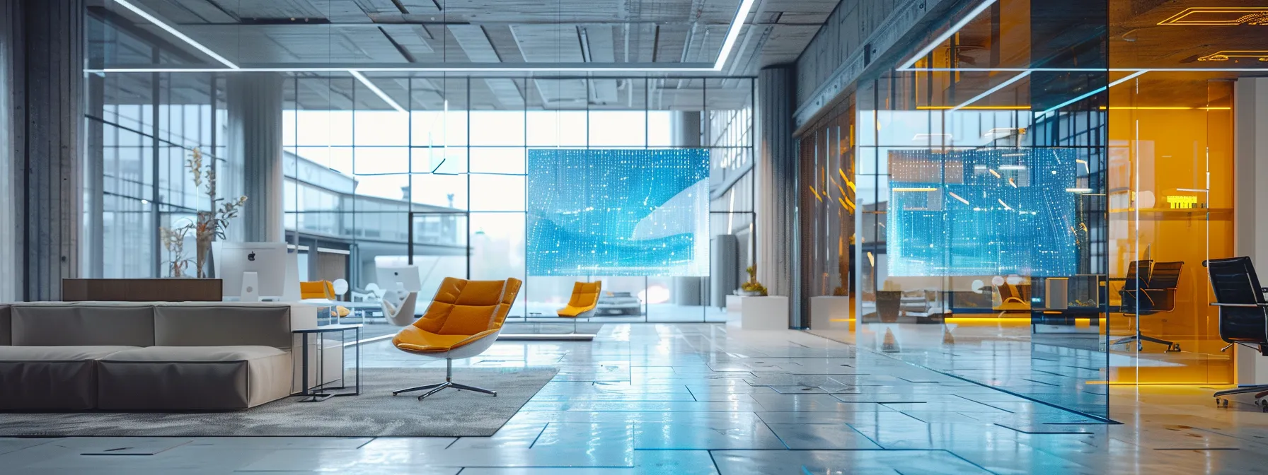 What Is Business Sustainability and Its Importance? 12 a sleek, modern office interior filled with innovative technology, showcasing a vibrant holographic display interacting with a diverse group of focused professionals engaged in dynamic collaboration.