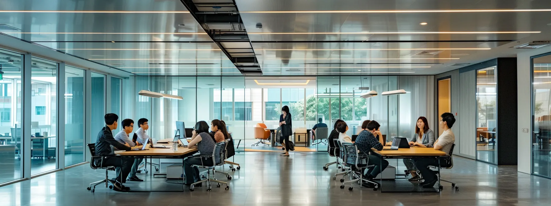 What Is Blackbox AI? Unpacking the Mystery Behind It 10 a sleek, modern office interior buzzes with focused professionals engaging in dynamic discussions around polished conference tables, illuminated by sharp overhead lights that accentuate the atmosphere of innovation and collaboration.