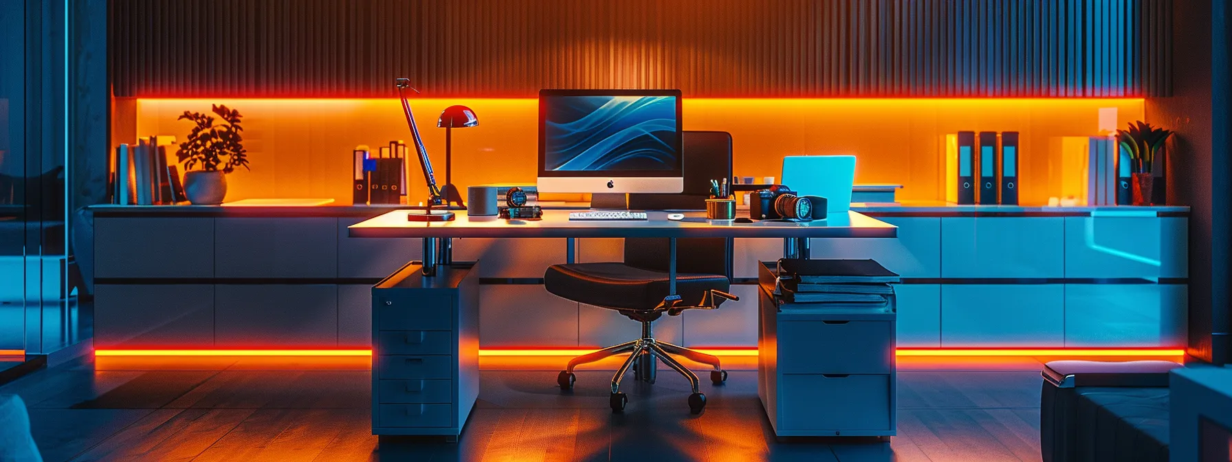 a sleek, modern office interior showcases a futuristic workspace, featuring a minimalist desk with a high-tech computer and ambient led lighting that casts a warm glow, emphasizing innovation and productivity.