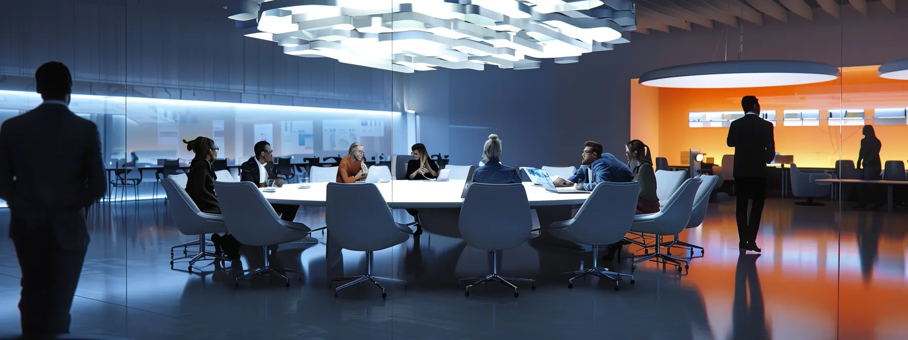 a sleek, modern office interior showcases a vibrant brainstorming session, with a round glass table surrounded by diverse professionals engaged in dynamic discussion, illuminated by striking, angular pendant lights that enhance the energetic atmosphere.