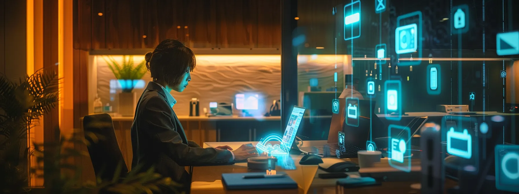 Choosing between iPhone 16 and iPhone 16 Pro 12 a sleek, modern office setting showcases a person intently using an iphone 16, illuminated by polished ambient lighting, as digital connectivity features are visually represented through vibrant, floating icons symbolizing enhanced 5g, wi-fi, and bluetooth capabilities.