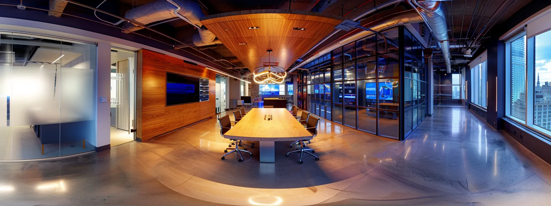 a sleek, modern office space showcases a large conference table surrounded by vibrant, futuristic technology, emphasizing collaboration and innovation in a professional environment.