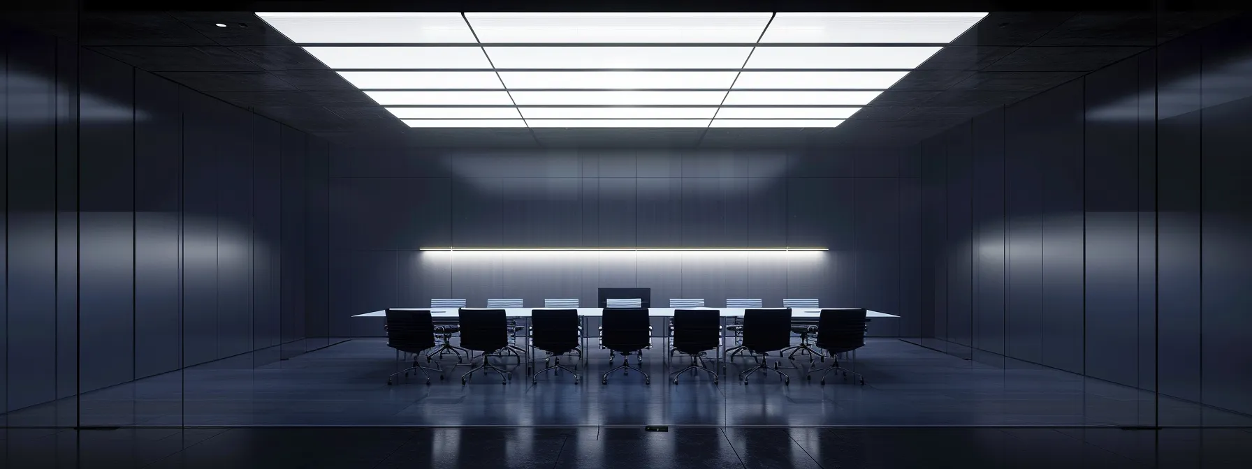 a sleek, modern office space is illuminated by sharp overhead lighting, featuring a large conference table surrounded by minimalist chairs, where a diverse group of professionals engage in an animated discussion.