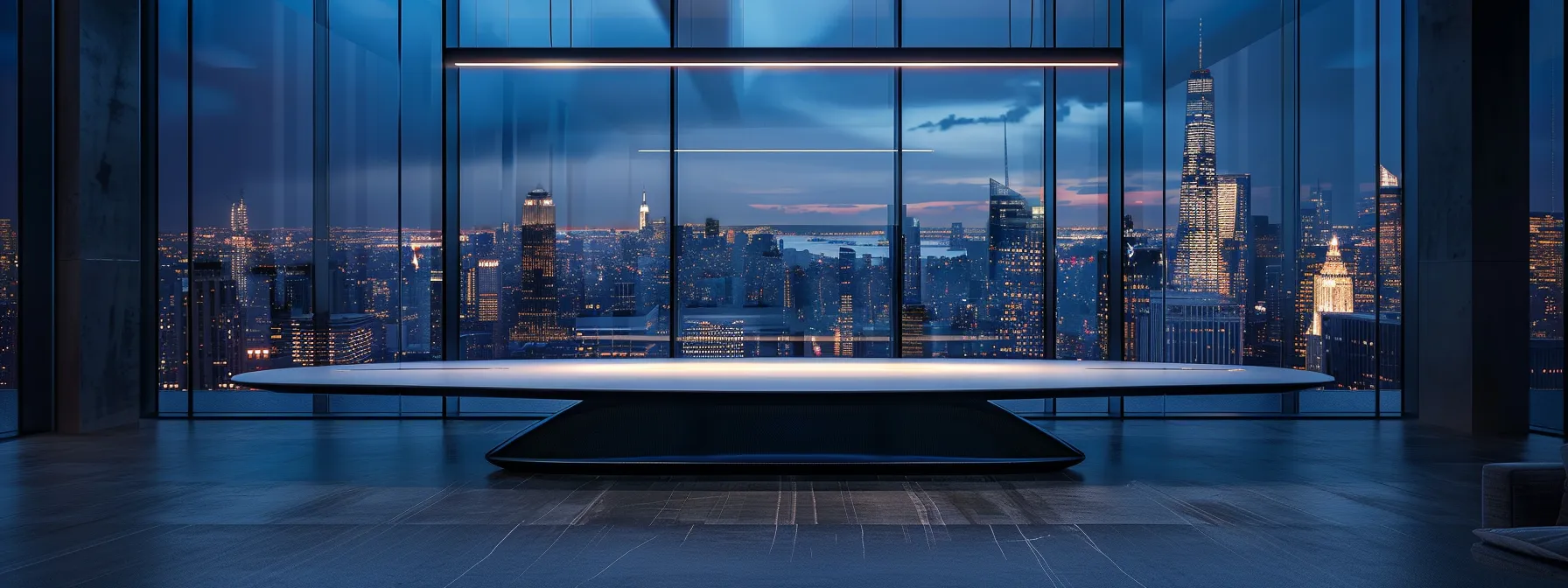 a sleek, modern office space featuring a polished conference table illuminated by overhead spotlights, with an impressive panoramic view of a bustling city skyline through expansive glass windows.
