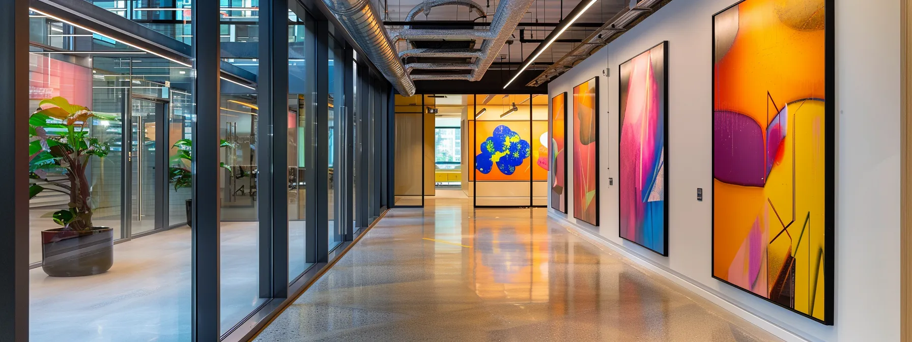 a sleek, modern office space featuring vibrant abstract art on the walls, illuminated by warm overhead lighting, exuding an atmosphere of creativity and innovation.